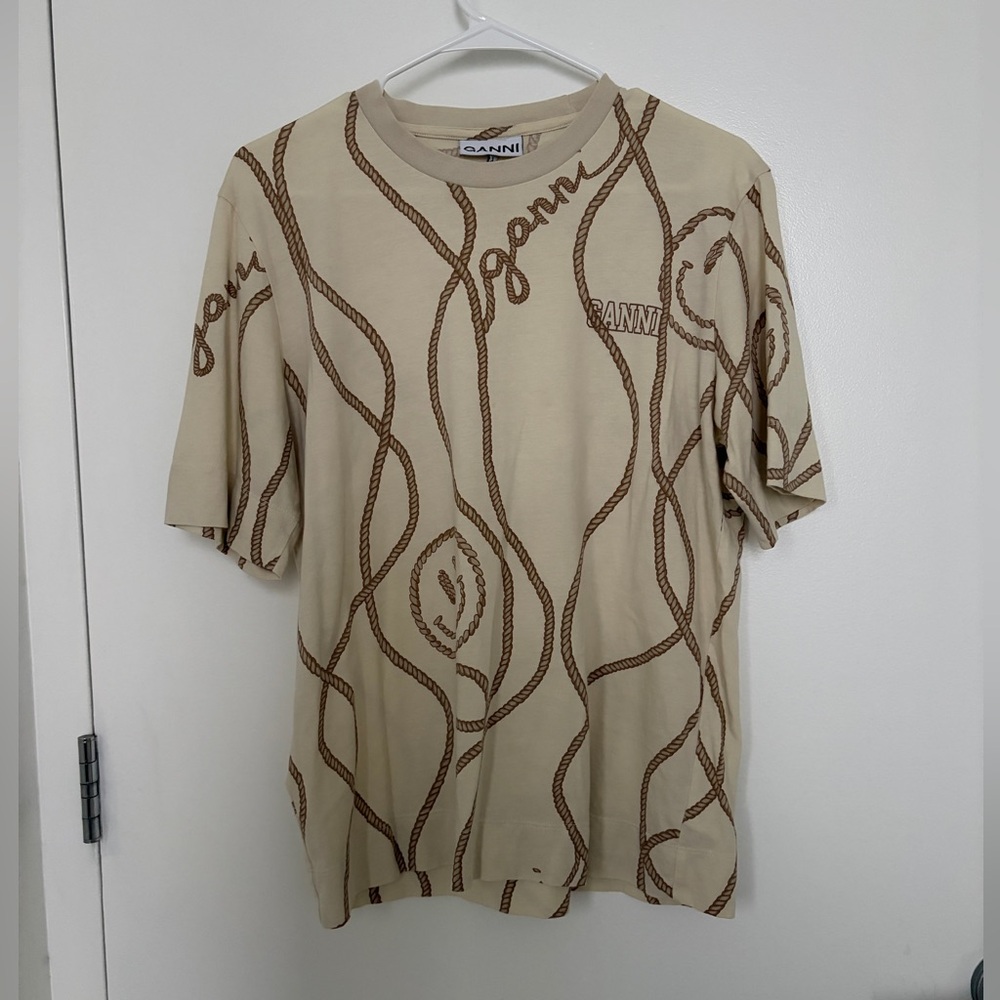 Ganni Cream Tee with Brown Rope Design